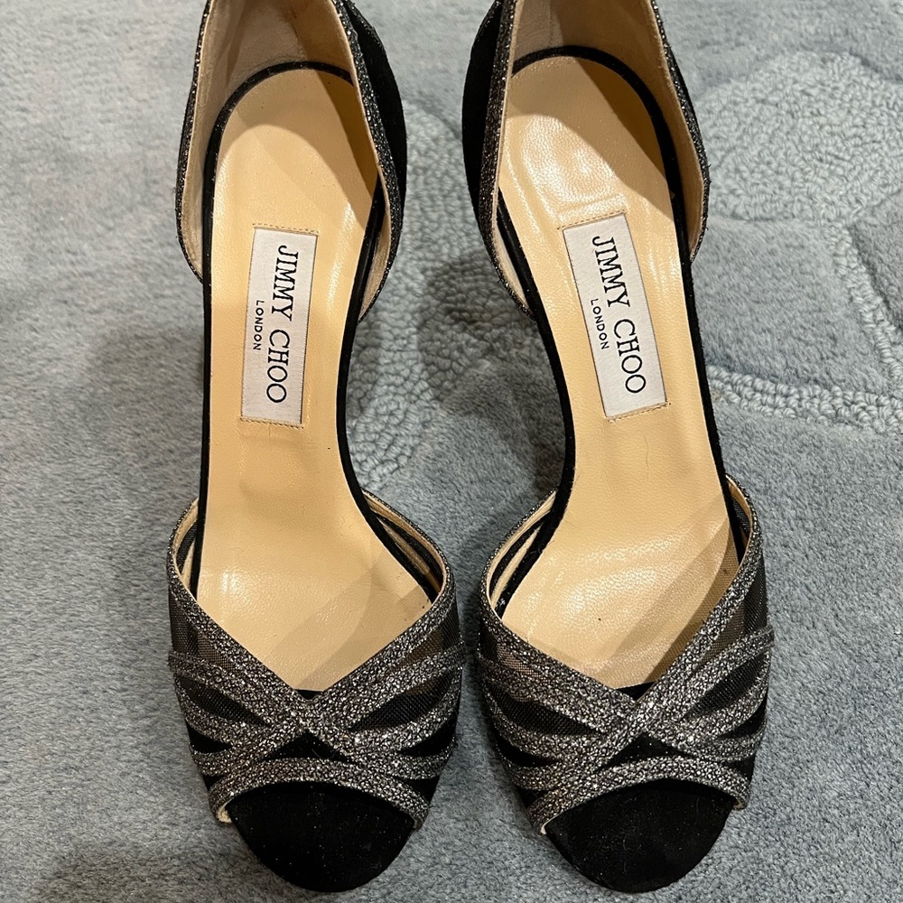 Jimmy Choo Black Suede Glitter Peep Toe Heel size 37.5